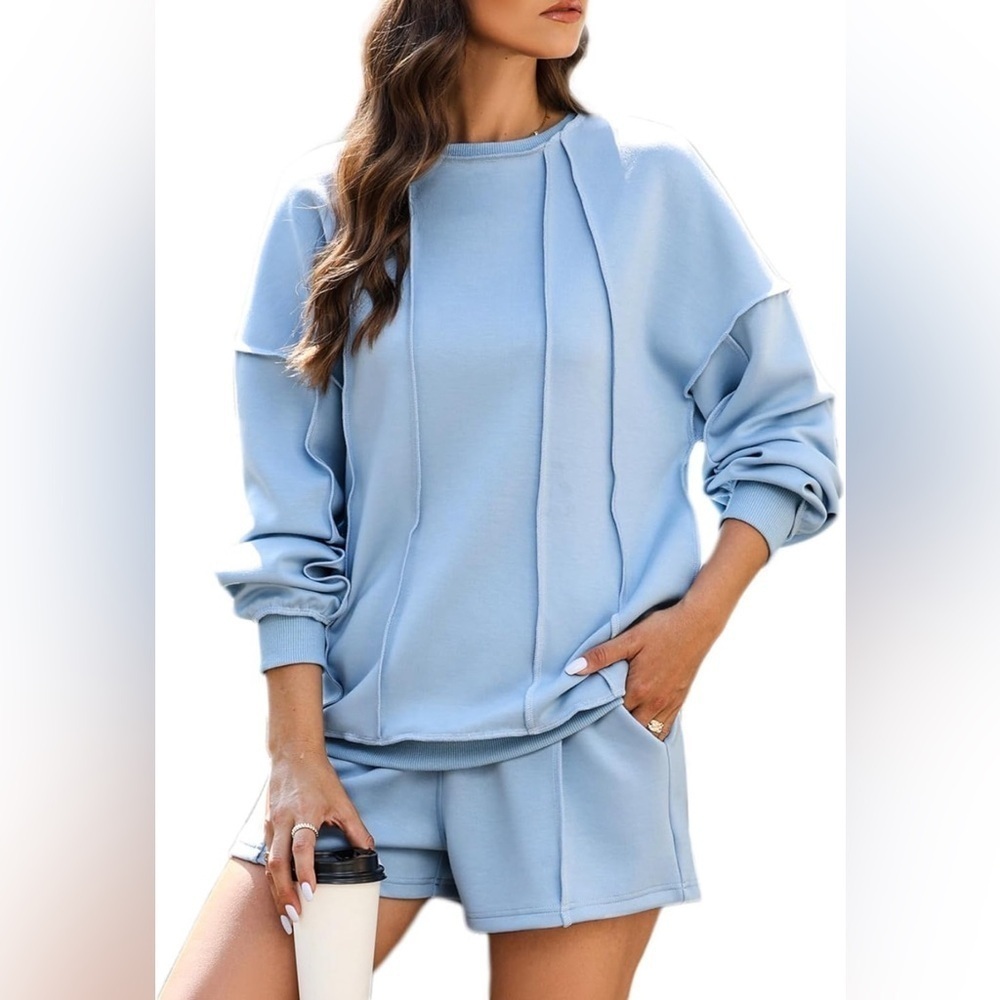 NEW- Herseas Women’s Two Piece Sweatshirt & Shorts, Dusk Blue, Med (8-10)